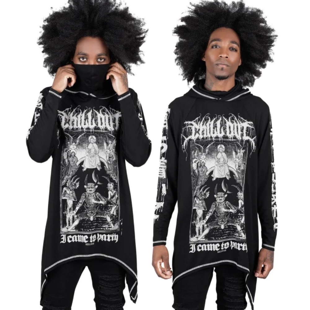 Killstar Unisex Tunic Hoodie Medium Chill Out Graphic Black Sharkbite Face Cover